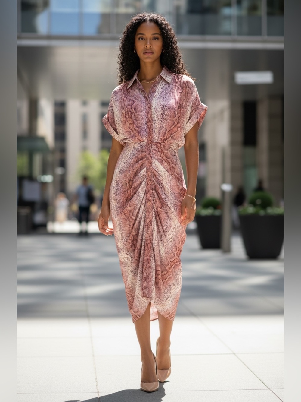 Stevie Madden Sz 4 Pink Snake Print Button-Front Draped Midi Dress